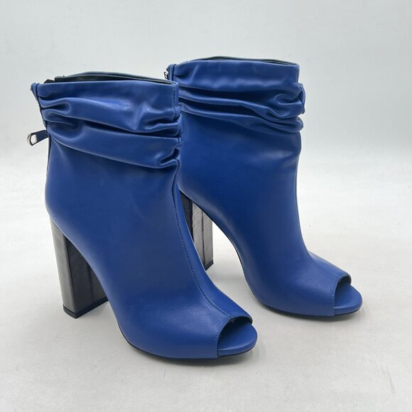 Blue Women Stylish Peep Toe Slouch Ankle Boots Chunky Stacked Heels Party Shoes - Picture 3 of 7